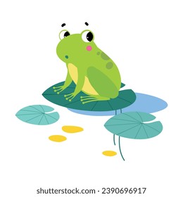 Happy Green Frog with Protruding Eyes Sitting on Pad Vector Illustration