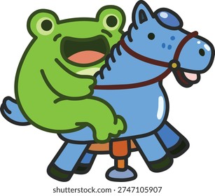 happy green frog riding a blue spring rocking horse toy