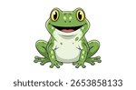 A happy green frog sits smiling widely with its mouth open and big yellow eyes looking forward