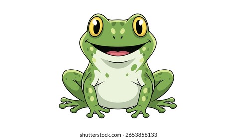 A happy green frog sits smiling widely with its mouth open and big yellow eyes looking forward