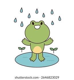 happy green frog stands in puddle. flat cartoon style vector illustration isolated on white background