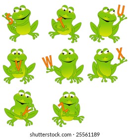 Happy green frogs holding letters, whole alphabet in my portfolio.