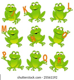 Happy green frogs holding letters, whole alphabet in my portfolio.