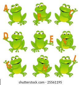 Happy green frogs holding letters, whole alphabet in my portfolio.