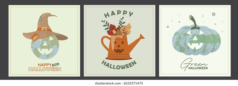 Happy Green Halloween Earth Pumpkin Cards. Eco-friendly Halloween cards set. Happy halloween cards collection. Eco-conscious halloween concept. Flat style. Vector illustration