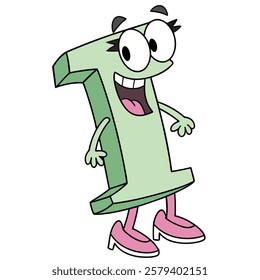 Happy Green Letter "1" Cartoon with Smile and Pink High Heels