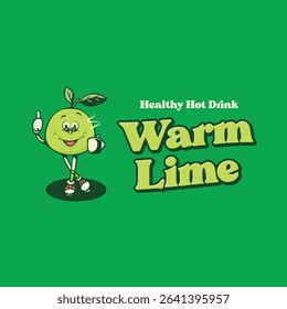 Happy green lime fruit with thumb up and hold mug of hot water drink. Character mascot groovy funky illustration design style