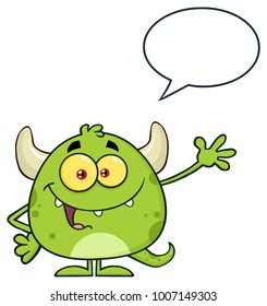 Happy Green Monster Cartoon Emoji Character Waving For Greeting With Speech Bubble. Vector Illustration Isolated On White Background