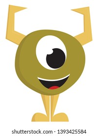 A happy green monster with a large eye and two sharp yellow horns vector color drawing or illustration