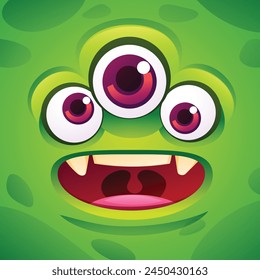 Happy green monster with three eyes cartoon character face expression. Vector illustration