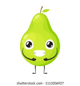 happy green pear is holding stomach