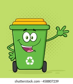 Happy Green Recycle Bin Cartoon Mascot Character Waving For Greeting. Vector Illustration With Green Halftone Background