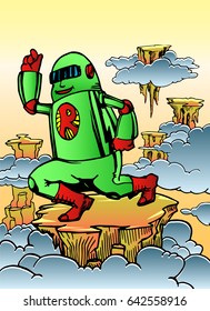 Happy green robot standing on floating island hand draw illustration