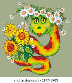 Happy green snake with flowers. vector