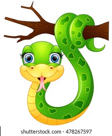 Happy green snake on the branch