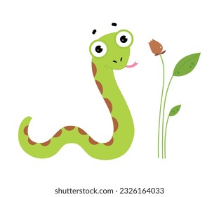 Happy Green Snake or Serpent Crawling Near Plant Stalk Vector Illustration