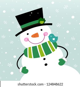 Happy green Snowman. Vector cartoon illustration