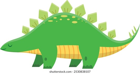 Happy green stegosaurus is walking toward the left of the frame. This colorful illustration would be perfect for a children book or educational material