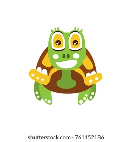 Happy green turtle with big shiny eyes, front view