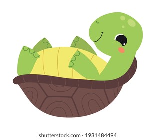 Happy Green Turtle Lying on Its Back Vector Illustration