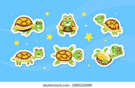 Happy Green Turtle with Shell on Starry Background Vector Sticker Set