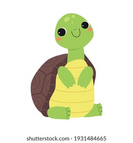 Happy Green Turtle Sitting and Smiling Vector Illustration