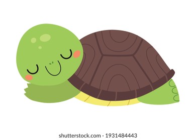 Happy Green Turtle Sleeping and Smiling Vector Illustration