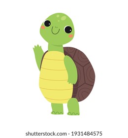 Happy Green Turtle Standing and Waving Paw Vector Illustration