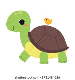 Happy Green Turtle Walking with Bird Sitting on Its Carapace Vector Illustration