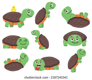 Happy Green Turtle Walking, Waving Paw and Sleeping Vector Set.