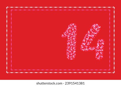 Feliz saludo 14 de febrero Día de todos los amantes Diseño Gentil Sentimientos románticos Tarjeta de San Valentín Fondo Rojo Número 14 Catorce Diseño sencillo Sensación Tarjeta de felicitación Forma de corazones Copiar espacio Alegría