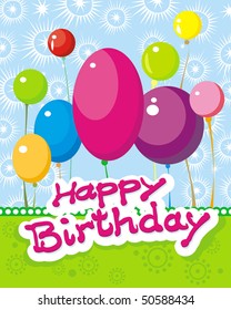Happy Greeting Card with birthday with air balloons on abstract background. Beautiful Vector illustration decorative style.