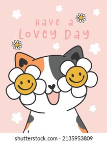 Happy Greeting Card, Cute Happy Playful Kitty With Daisy Flower Close Eyes, Animal Pet Cartoon Drawing Vector