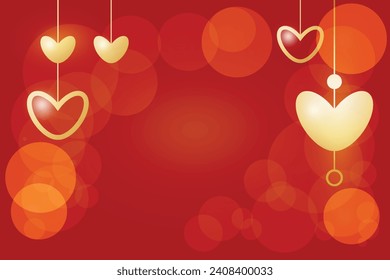 Happy greeting card Gold gradient hearts hang like garland 14 february Day all lovers Romantic feelings Valentine's Promotion shopping template love concept romantic red background Bokeh Сopy space