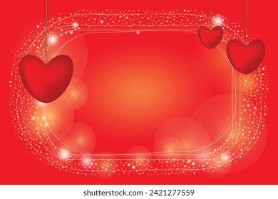 Happy greeting card Red voluminous hearts 3D effect hang like garland 14 february Day all lovers Romantic feelings Valentine's love concept romantic gradient shining background Shine Сopy space