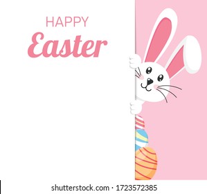 happy greeting card with white easter rabbit and colored eggs. vector illustration modern flat design. copy space for text input. Banner with cute bunny.