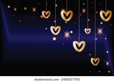 Feliz saludo dorado Corazones cuelgan como garland 14 de febrero Día todos los amantes Diseño Gentil Sentimientos románticos Tarjeta de San Valentín Promoción plantilla de compras romántico Fondo azul Brillo С espacio de juguete