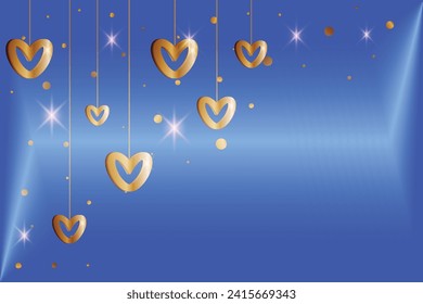 Feliz saludo Los corazones de oro cuelgan como garland 14 de febrero Día todos los amantes Diseño Gentil Sentimientos románticos Tarjeta de San Valentín Promoción Modelo de compra Sensación romántico Fondo azul cielo С espacio opaco