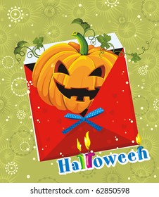Happy Greeting Halloween Card with pumpkin on abstract background. Illustration decorative style.