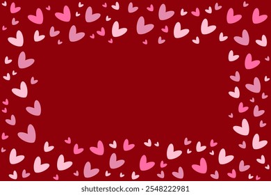 Saludo feliz marco de corazones rosados 14 febrero Día de todos los amantes Diseño suave Sentimientos románticos Tarjeta de San Valentín Promoción de compras Plantilla amor Borde del corazón Copiar espacio Fondo rojo