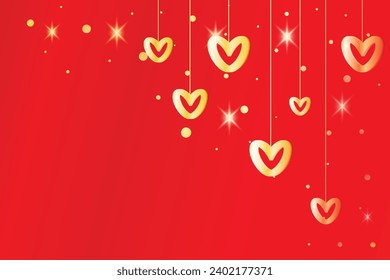 Feliz saludo oro rojo Corazones colgados como garland 14 de febrero Día de todos los amantes Diseño Gentil Sentimientos románticos Tarjeta de San Valentín Promoción plantilla de compras concepto de amor fondo romántico Shine С opy Joy