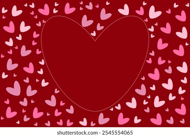 Saludo feliz marco de corazones rojos rosas 14 de febrero Día de todos los amantes Diseño suave Sentimientos románticos Tarjeta de San Valentín Promoción de compras Plantilla de amor Borde del corazón Copiar espacio Fondo rojo