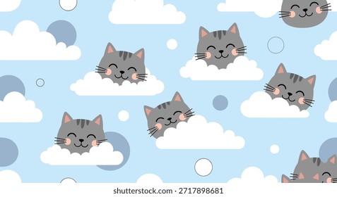 Las caras felices del gato gris que se asoman de detrás de las nubes blancas esponjosas en un fondo azul crean un patrón inconsútil caprichoso para el arte de la pared del vivero.