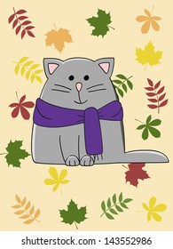 happy grey cat over autumn leaves background