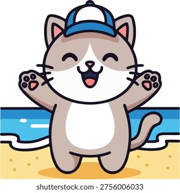 Happy grey cat playing on the beach sand under a bright blue summer sky.