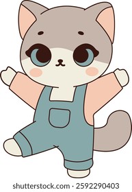 Happy Grey Cat Wearing Overalls