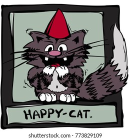 Happy grey colored cat in hat. illustration for  children's book. funny cartoon and happy kitty post card.