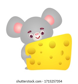 Happy grey mouse character with big ears holding in paws yellow cheese slice. Vector illustration in the flat cartoon style.