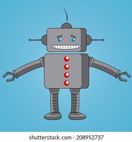 a happy grey robot on a blue background