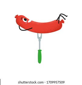 Happy grill sausage on a fork isolated on white background. Cute grilled sausage for an invitation to a party. Vector illustration in flat design. Barbecue party icon.